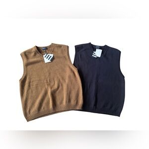 Lands’ End Drifter V Neck Sweater Vest Lot Mens L Camel & Navy 100% Cotton NWT